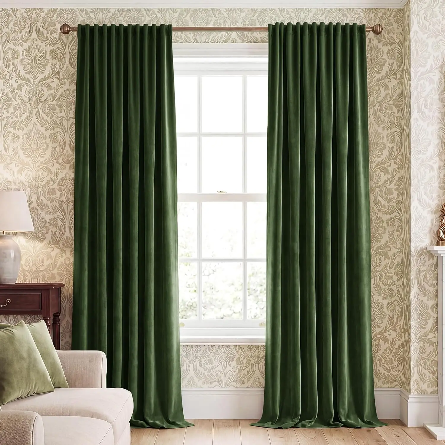 

Olive Green Velvet 96 inch Curtains for Bedroom, Rod Pocket & Back Tab Blackout Window Treatments Thermal Insulated Drap