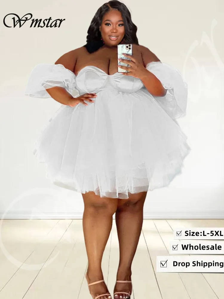 Wmstar Plus Size Party Dresses Women Sexy Cute  Mesh Elegant Birthday Outfits Big Hem Mini Dress Summer Wholesale Dropshipping