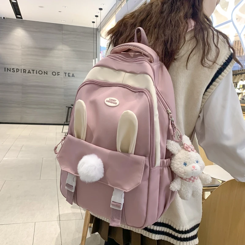 Cute Rabbit Young Girl School Backpack Female Large Capacity Kawaii Back Pack Mochila Pink Women Bagpack Nylon Cartoon Schoolbag