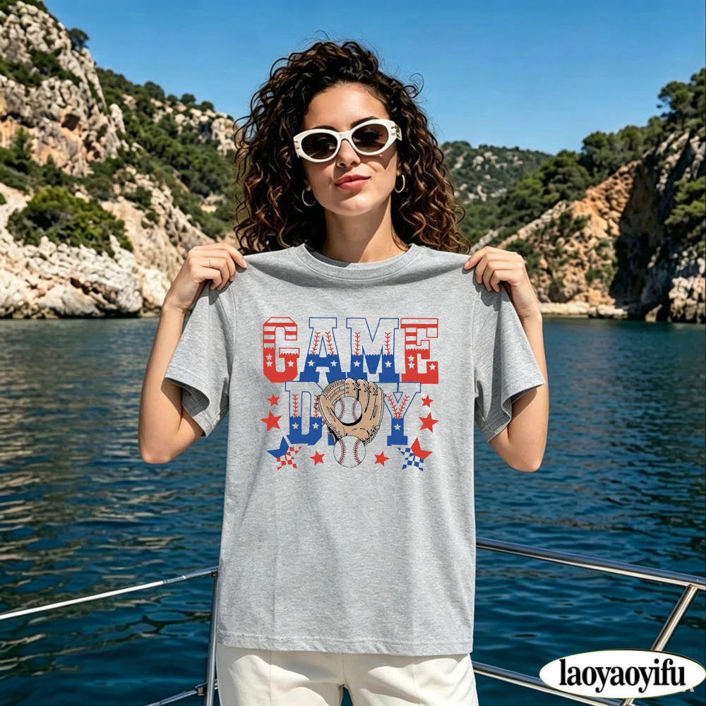 Game Day Baseball Star Graphic T Shirt Women Checkered Flag Baseball Glove Ball Print Crew Neck Short Sleeve Cotton Tops