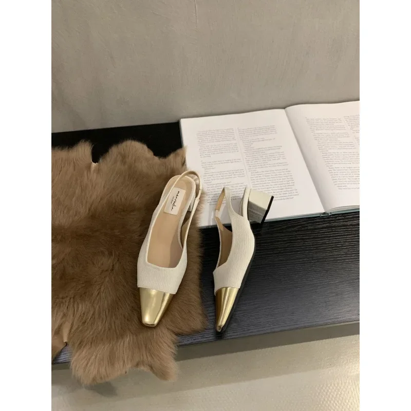 النمط الفرنسي ماري جين عالية الكعب المرأة الذهب الأسود حذا فردي للسيدات الصيف العصرية الجوف خارج الصنادل ساحة تو كعب متوسط