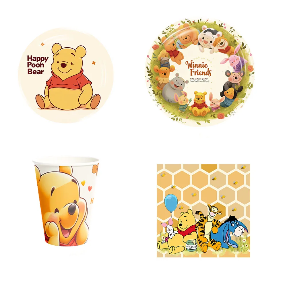 Nueva decoración de fiesta de cumpleaños con tema de Winnie de Disney The Pooh, juego de vajilla desechable, suministros para fiesta de cumpleaños para niños y Baby Shower