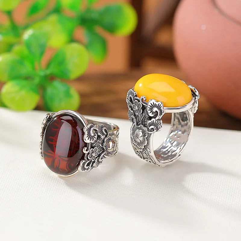 S925 Sterling Blood Amber Beeswax Large Surface Plum Blossom Style Silver Ring