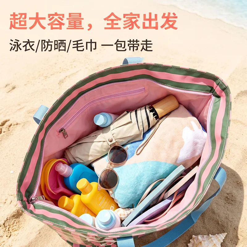 Striped Waterproof Large-capacity Seaside Vacation Beach Bag Women's Polyester Portable Shoulder Seaside Travel Storage Bag