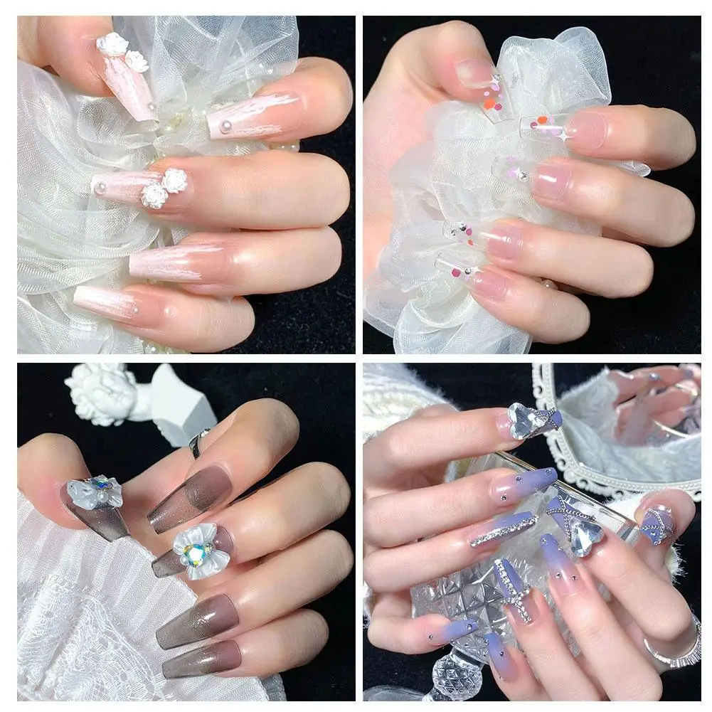 Fashion Wearable French Fake Nails Removable Rhinestone Full Cover Square ﻿ Nail Head Art False Nail Gradient Girls K6L4