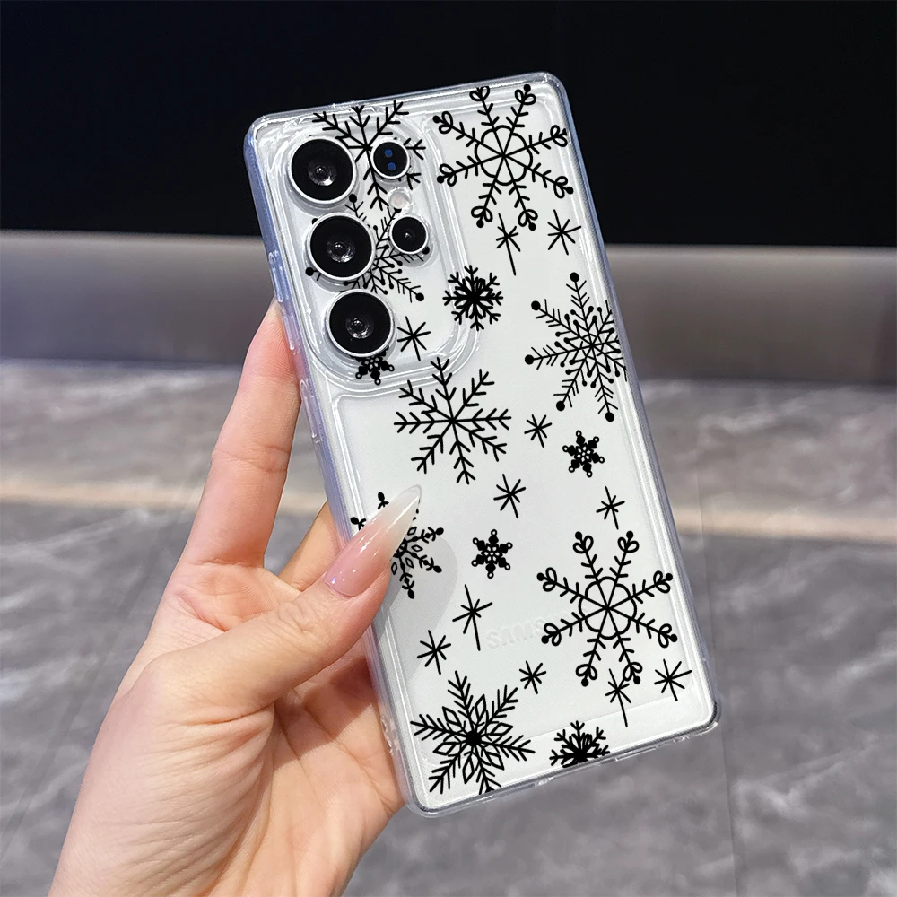 Black Snowflakes Phone Case For Samsung Galaxy S26 S25 S24 Ultra FE A15 A16 A25 A35 A54 A55 A57, Anti-Yellow Case