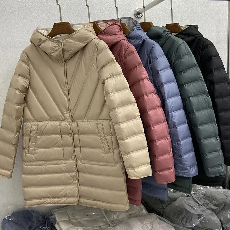 2025 New Hooded Puffer Coat Autumn Winter Women Light White Duck Down Jacket Parkas Ladies Warm Double-Sided Outwears