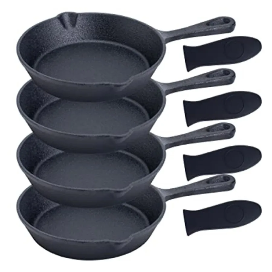 

Cast Iron Frying Pan Set of 4-6x4 Inch Pre-Seasoned Skillets with Heat-Resistant Silicone - Mini Cast Iron Skillet Set for Stov