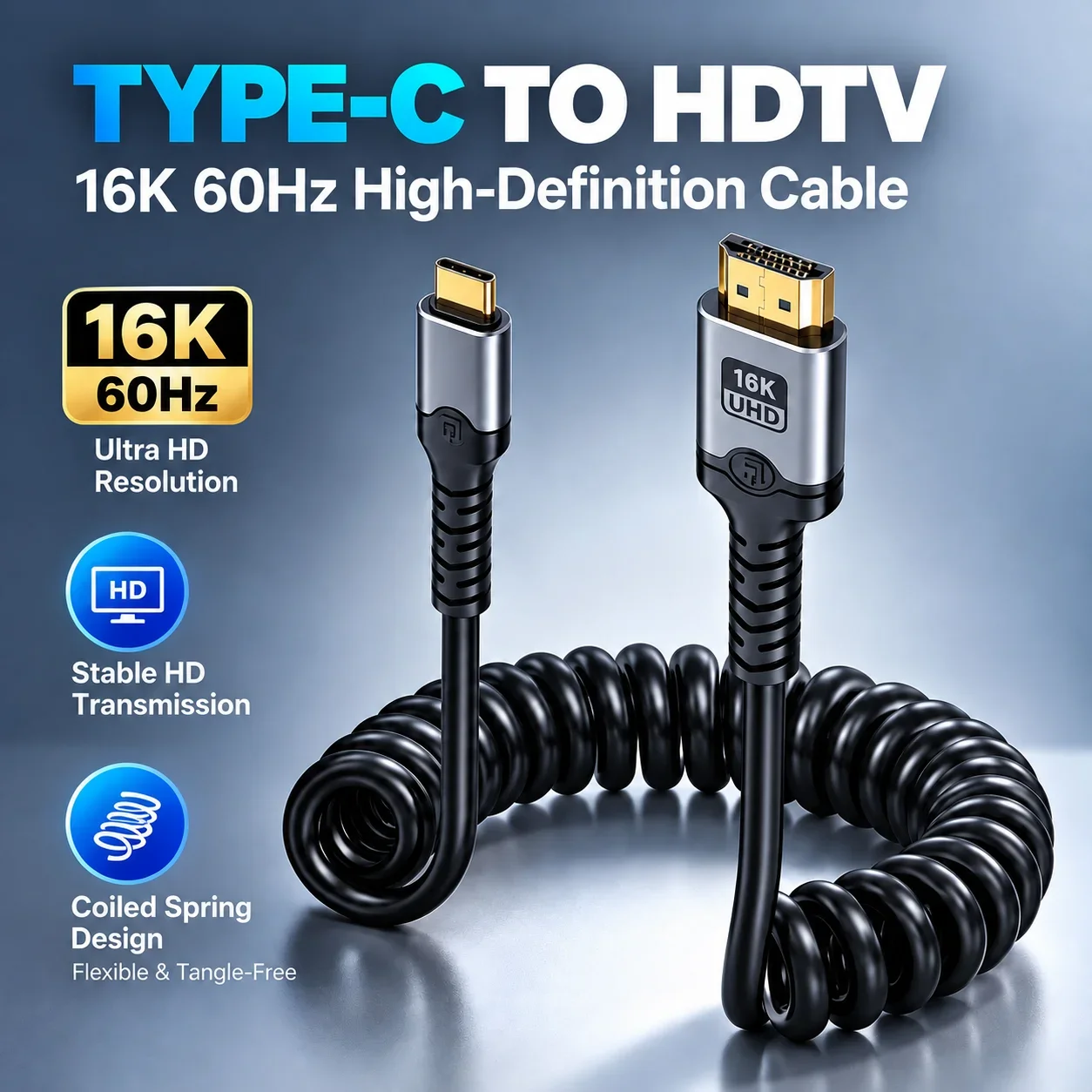 DOONJIEY Type C to HDMI-Compatible Cable 16K Ultra HD Spring Cable for Air iPad TV Converter MacBook USB-C HDTV Adapter