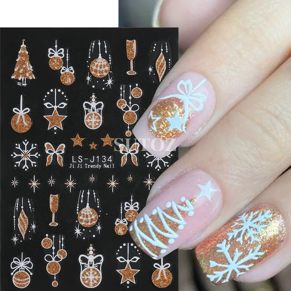 Glitter árvore de natal adesivos de unhas estrela de ouro dos desenhos animados veados decalques floco de neve arco sliders de unhas ano novo manicure decorações LEBLS-J32