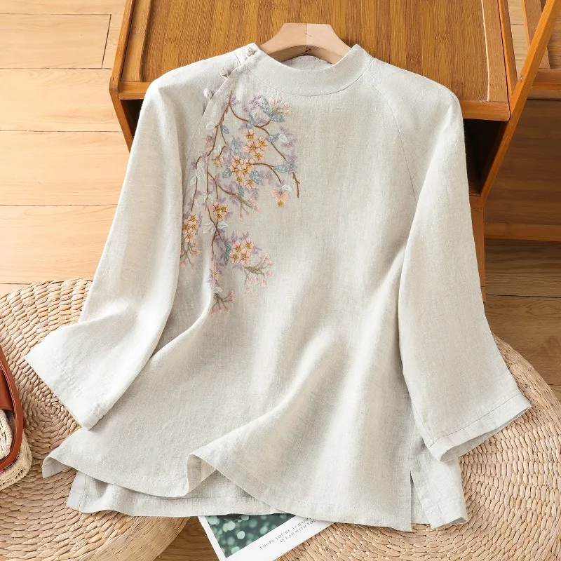 

Chinese Style Women's Blouses Korean Embroidery Shirt FASHION Loose Spring/Summer Cotton Linen Clothing Three Quarter Women Tops