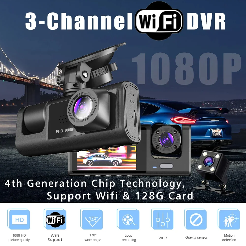 WiFi 3 canales Mini coche cámara de salpicadero de tres vías dentro de la cámara del vehículo DVR grabadora FHD 1080P Video Dashcam videocámara