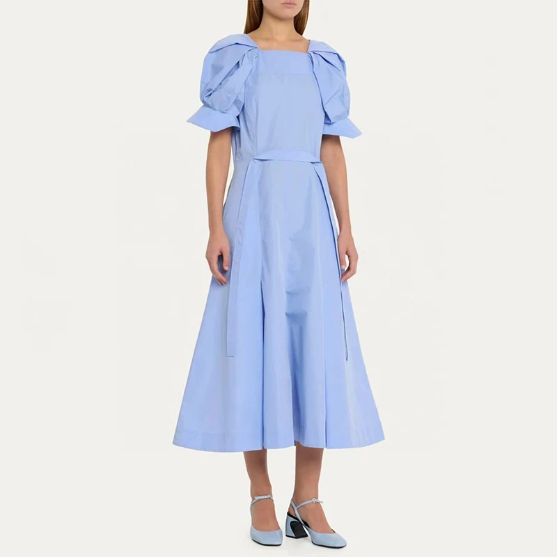 2024 Spring New Elegant Women's Dresses with Belt Decoration, High Quality Bubble Sleeve Long Dresses Fashion French Dresses y2k