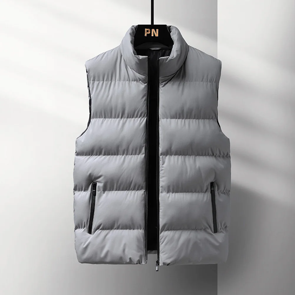 Men's Stand-Collar Sleeveless Vest with Cotton Padding and Solid Pattern Designed for Daily Wear and Movement Freedom