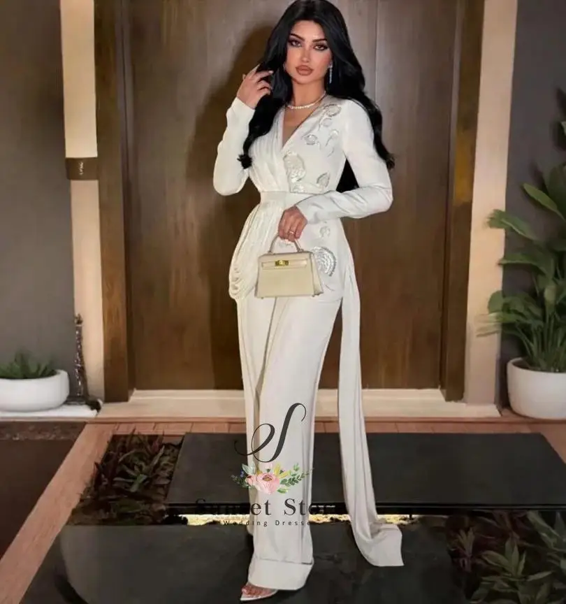 Vestido de Noite Personalizado de Alta Qualidade, Comprimento até o Tornozelo, Decote em V, Mangas Compridas, Branco com Miçangas, Vestido de Noite para Casamento, Vestido de Coquetel, Robes De Soirée