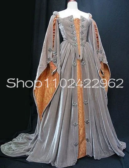 Tudor Costume Fairy Long Sleeve Evening Formal Dresses Elizabeth\'s Grey Gown Velvet Corset Bustle Medieval Prom Gown