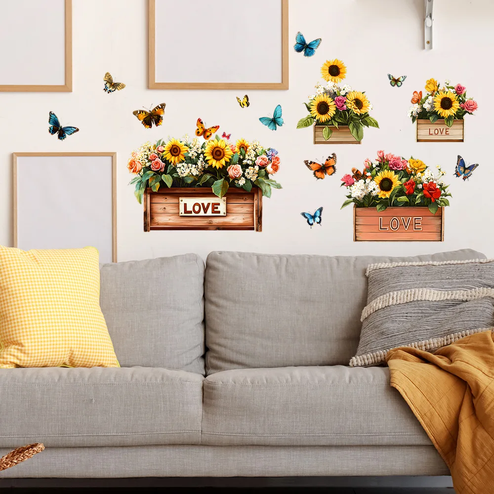 Painted Flower Box Sunflower Butterfly Wall Stickers Bedroom Living Room Wardrobe Furniture Home Decor Window Decals view 2