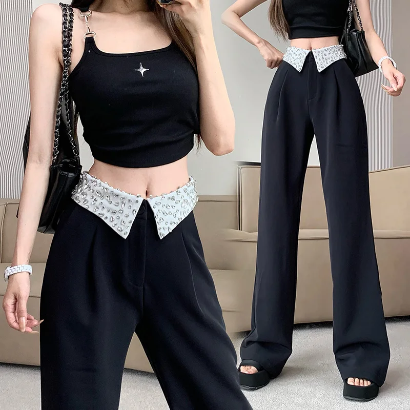 

New Heavy Industry Hot Diamond Collar High Waist Suit Pants Look Skinny and Vertical Straight Leg Pants Wide Leg Pants