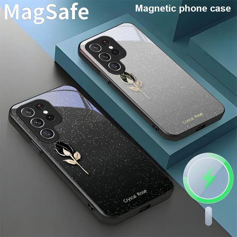 

White Spot Crystal Rose For Samsung Galaxy S20 FE S21 S22 S23 Plus S24 Ultra 25 Edge S24Ultra 22Plus Magsafe Glass Phone Casee