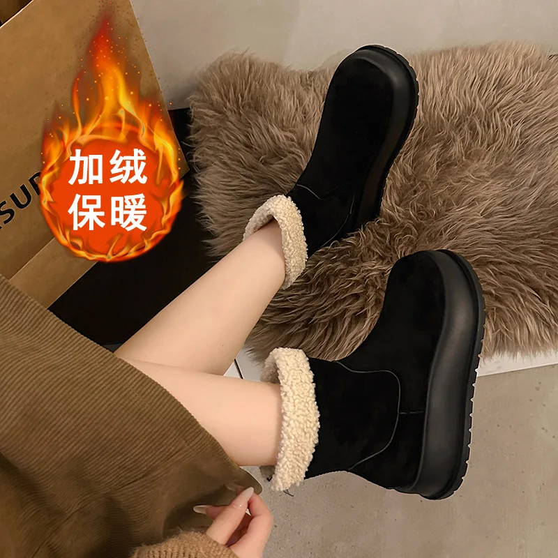 Round Toe Lady Boots Shoes Winter Footwear Boots-Women Australia Low Lolita 2024 Rubber Autumn Snow Flock Rome Lace-Up Cotton F