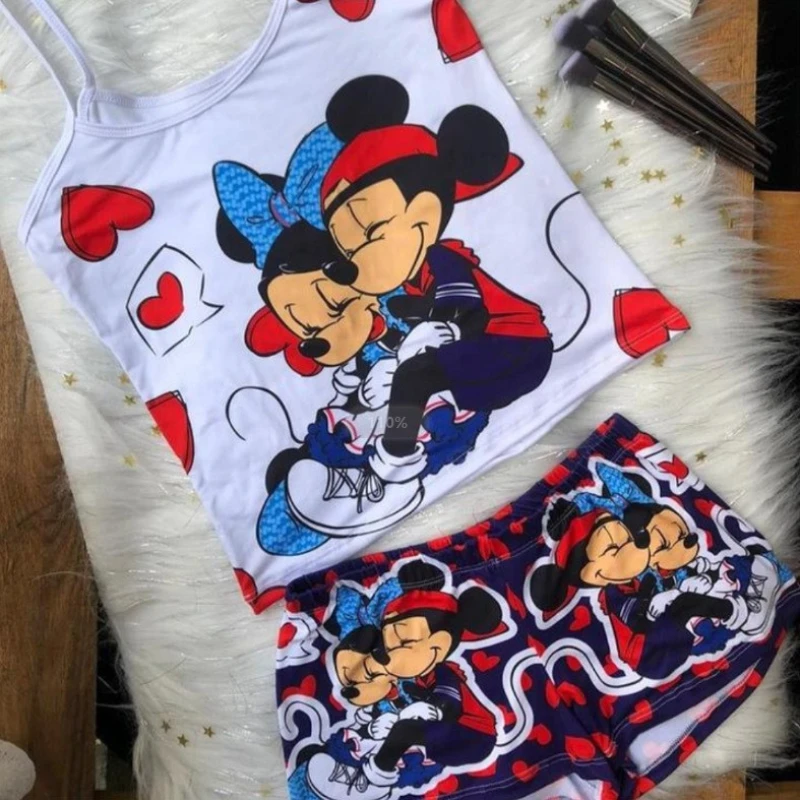 Disney Stitch Mickey Tank Shorts Set Cartoon Fashion Girls Sexy Beach Cool Tank Shorts Kawaii Casual Sport Fitness Clothing Gift