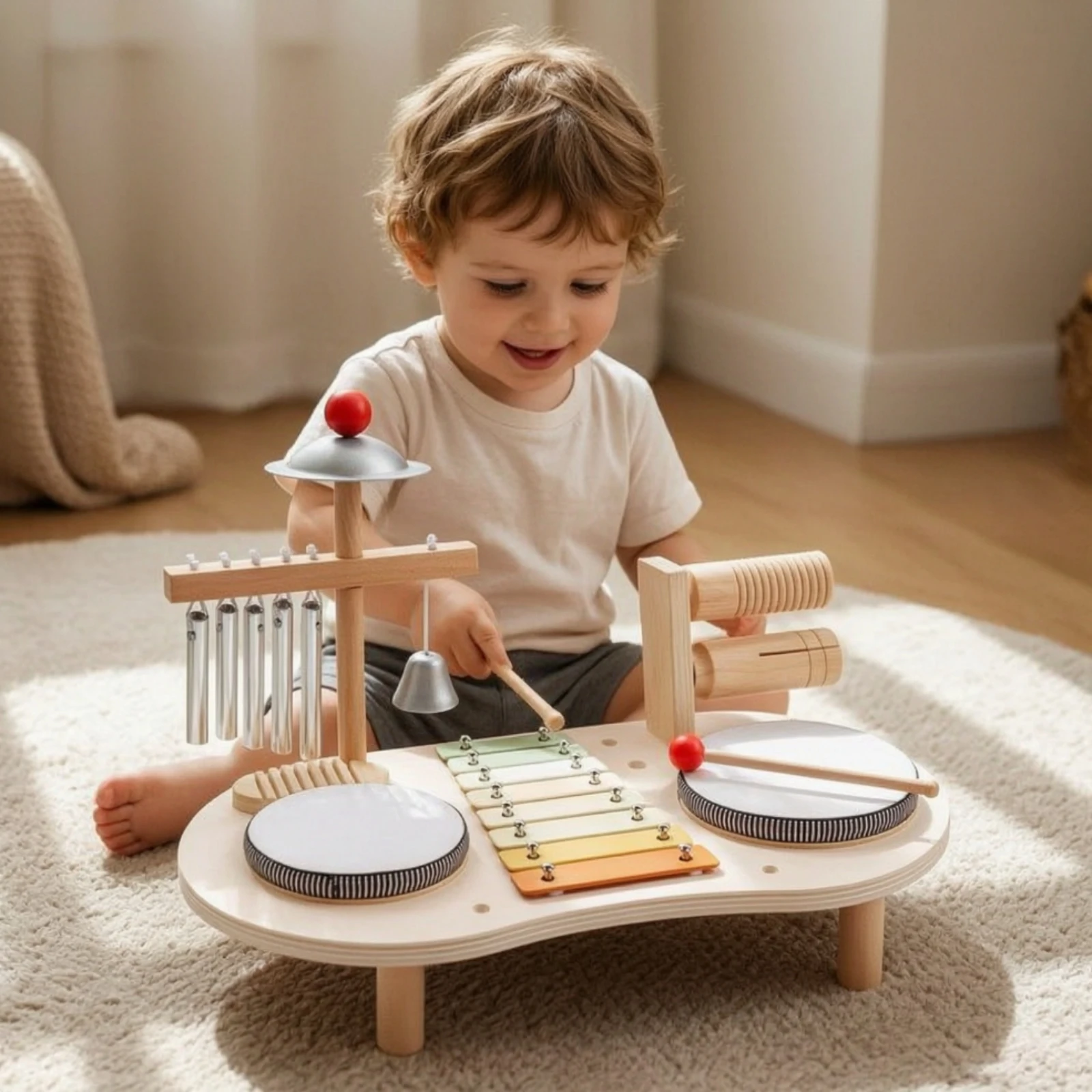 Music Table Educational Percussion Toy with Xylophone Wooden Activity Center Early Learning Children's Musical Kit Non
