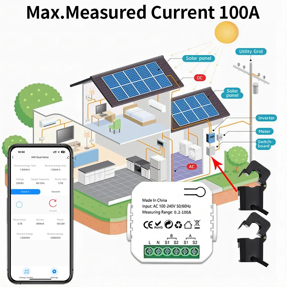 Wifi Tuya Intelligent Energy Meter Solar PV System Power Production Consumption Bidirectional Monitoring Meter APP Control CT