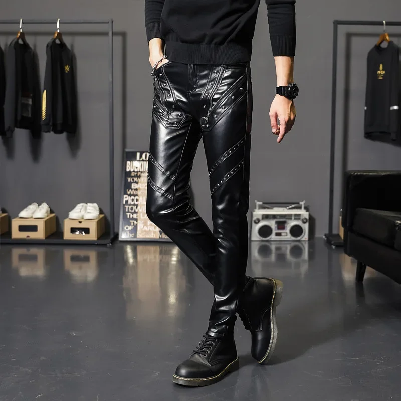 

2025 New Arrived Personality Leather Pants Men Slim Leather Pants Male Clothing PU Biker Pants Male