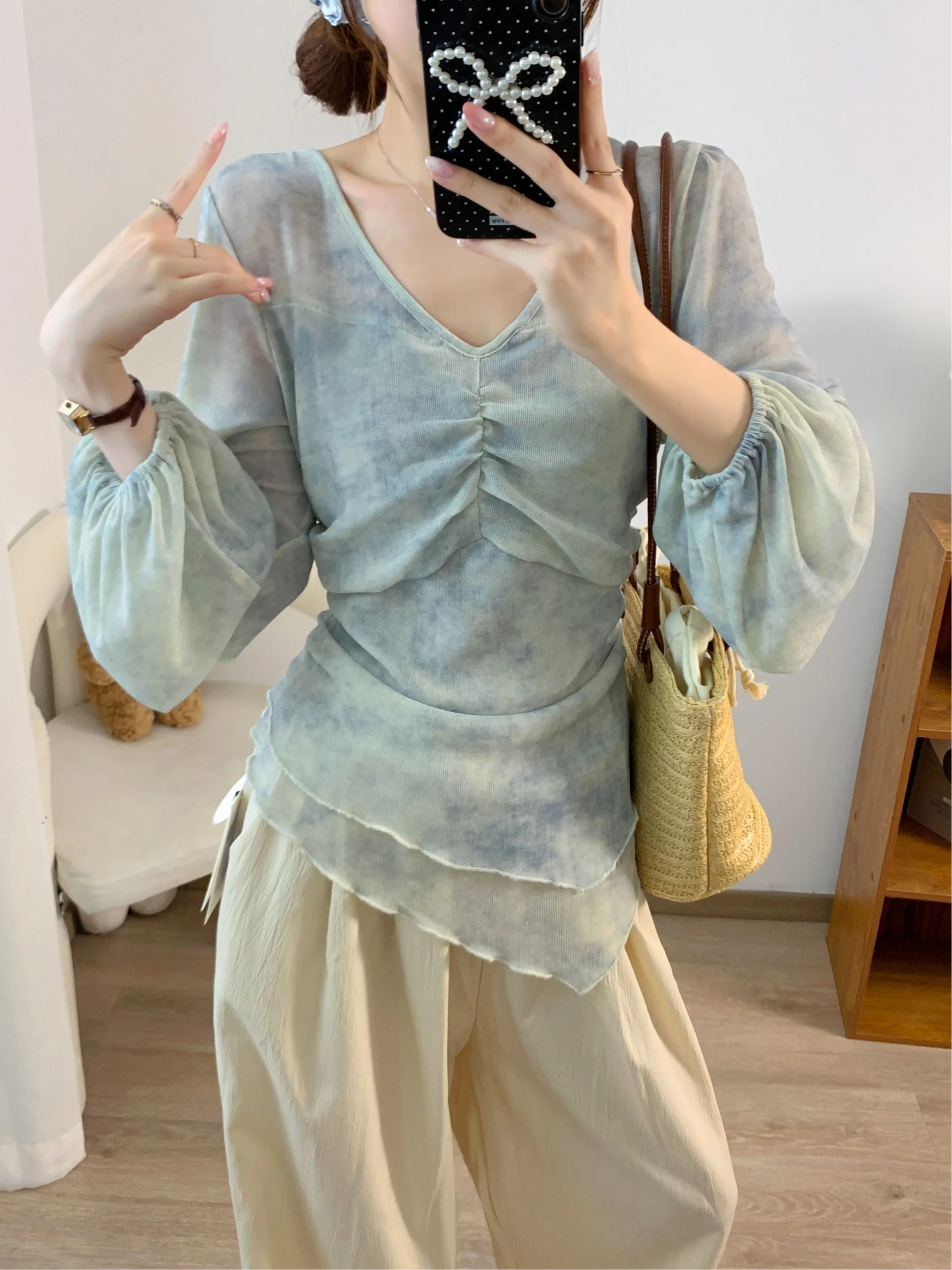 

plus Size Women's Fashion Gradient Long Sleeve T-Shirt V-Neck Waist-Cinched Slimming Design Asymmetrical Top for Summer