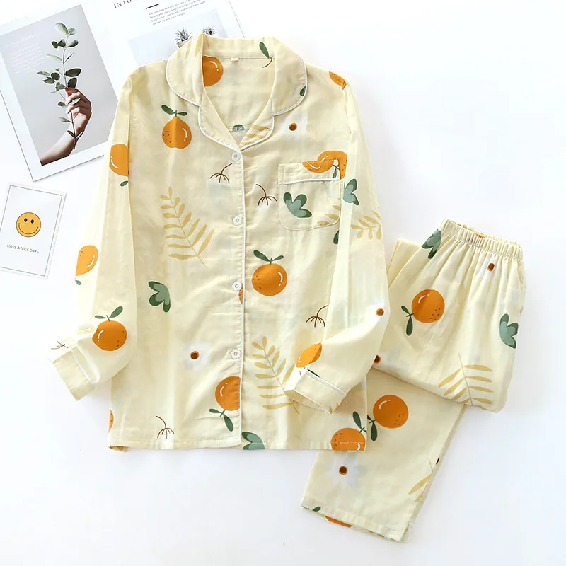 M-XXXL Size spring summer pajamas two-piece ladies 100% cotton gauze long-sleeved trousers simple flowers loose home service set