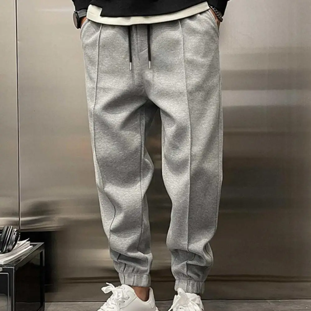 Retro Thickened Men Haren Pants Ankle-banded Side Pockets Drawstring Waist  Cargo Pants  Loose Solid Color Jogging Sweatpants