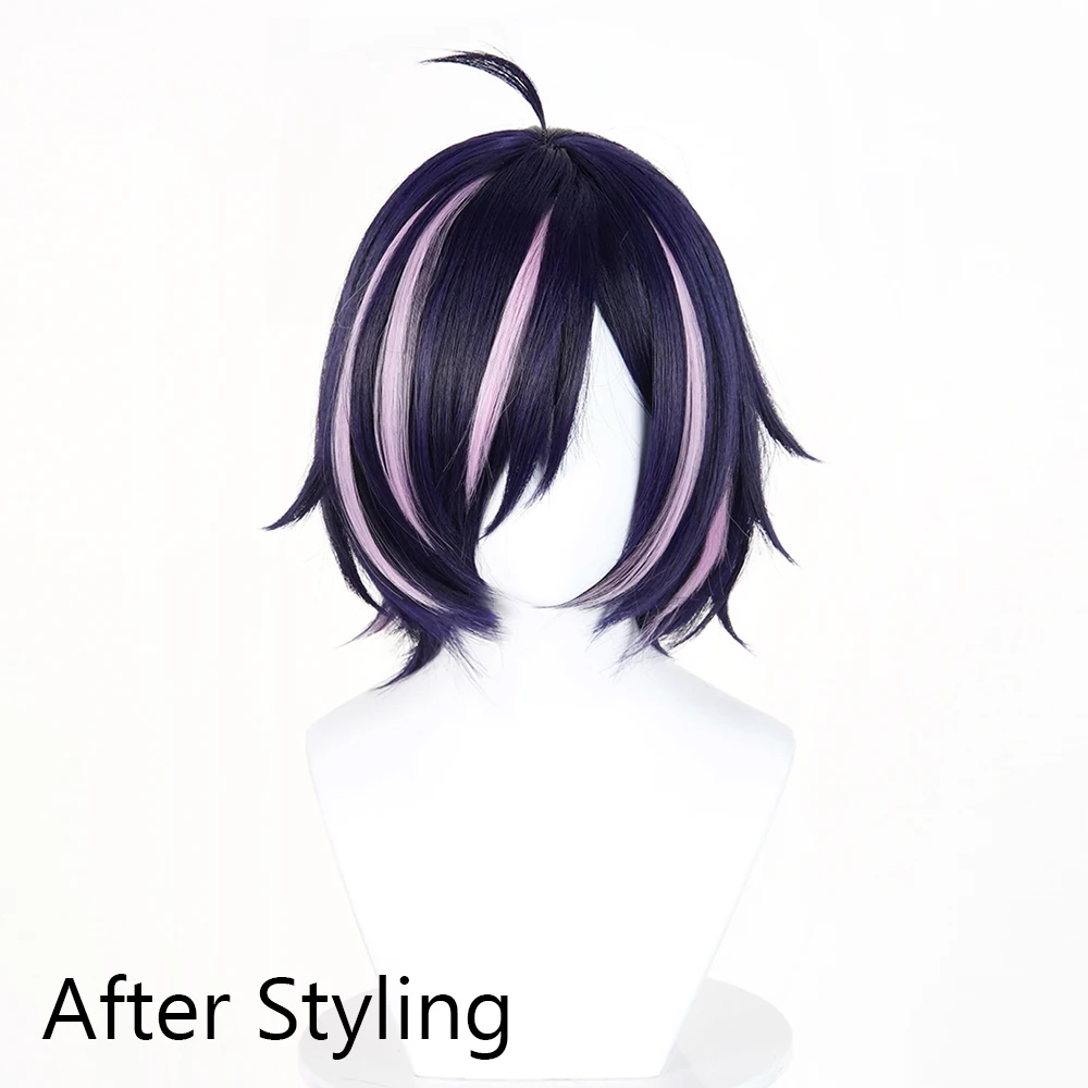 Picture 5: Purple Pink Highlights Synthetic Short Straight Wigs with Bangs Anime Game Cosplay Fluffy Wig for Daily Party