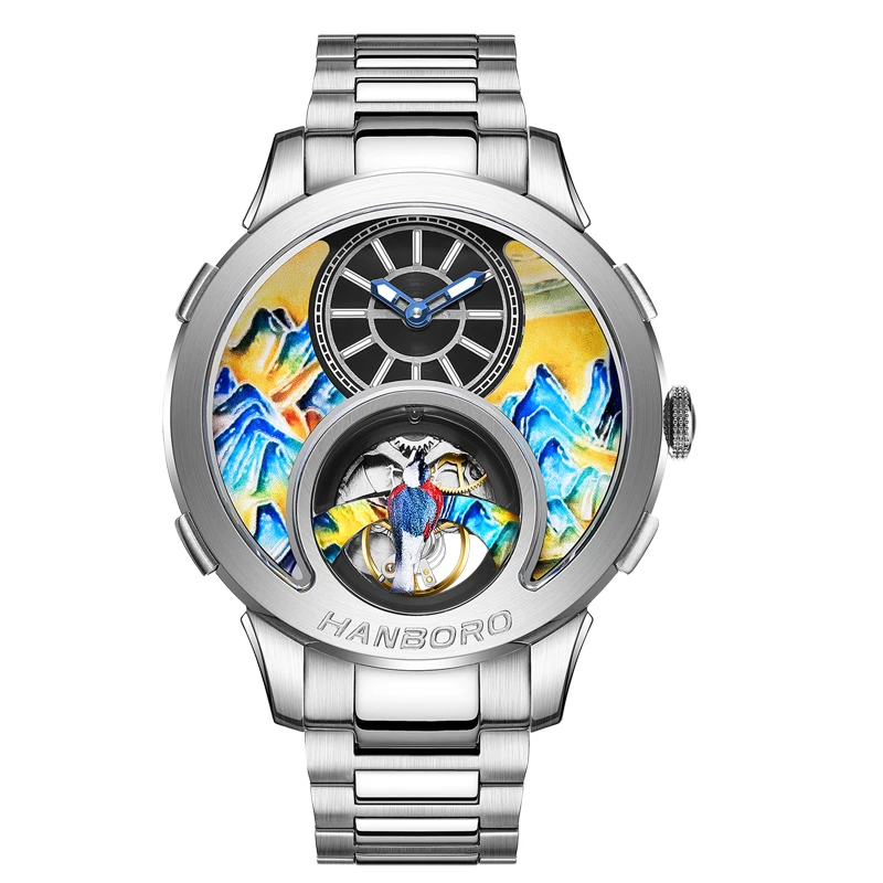 HANBORO Men Automatic Watch 43.6mm Luxury Mechanical Wristwatch Luminous Skeleton Enamel Carved Painted Mountain Dial