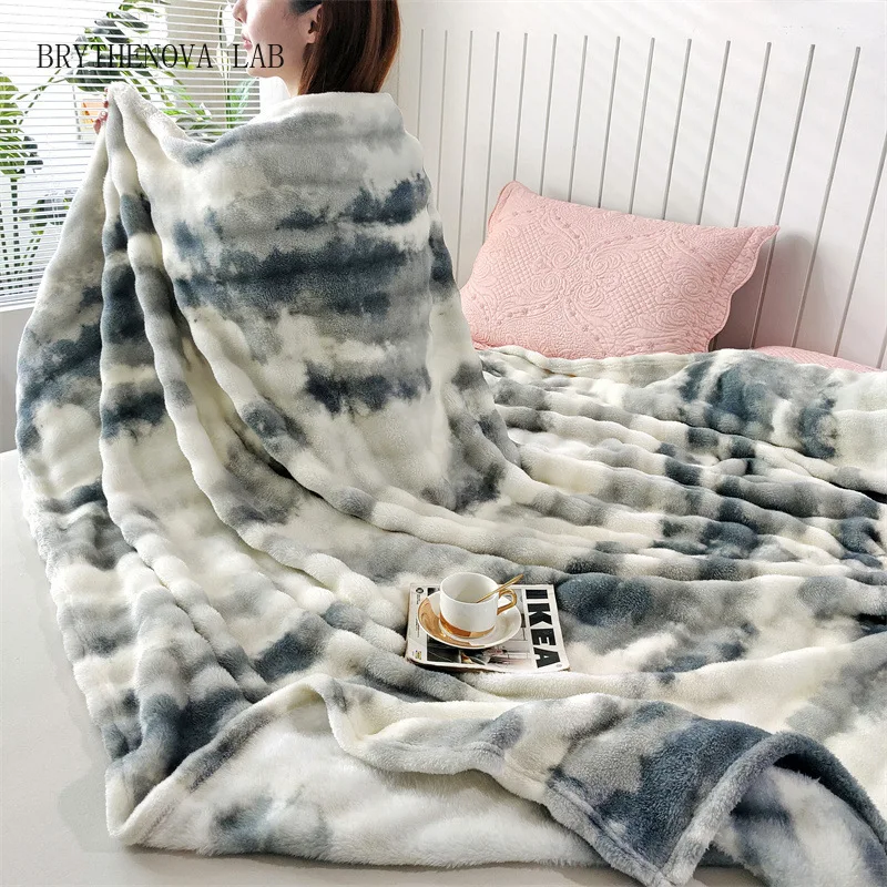 Light Luxury Imitation Rabbit Fur Blanket Color Blocking Tie Dye Velvet Bubble Blankets Warm and Soft Bed Sheets Universal Quilt