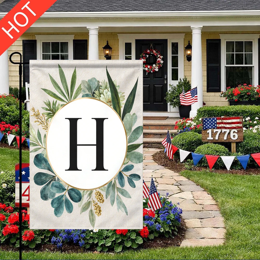 

H Monogram Garden Flag Double Sided Print No Pole Included Greenery Initial Letter Yard Flag