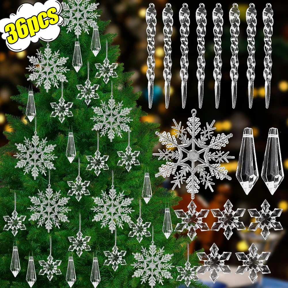 Crystal Clear Snowflak Acrylic Ice Ornaments Christmas Tree Hanging Pendants Icicle Water Drop For Xmas Winter Party Decoration