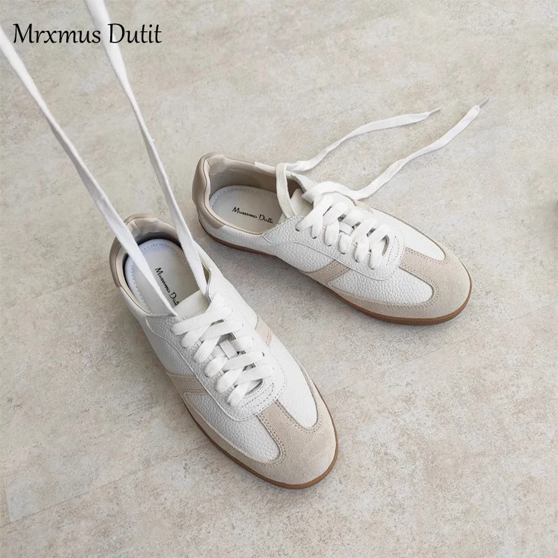 Mrxmus Dutit 2024 New Women Genuine Leather Splice Lacing Flats Shoes Casual Simple All-match Moral Training Shoes Chic Sneaker