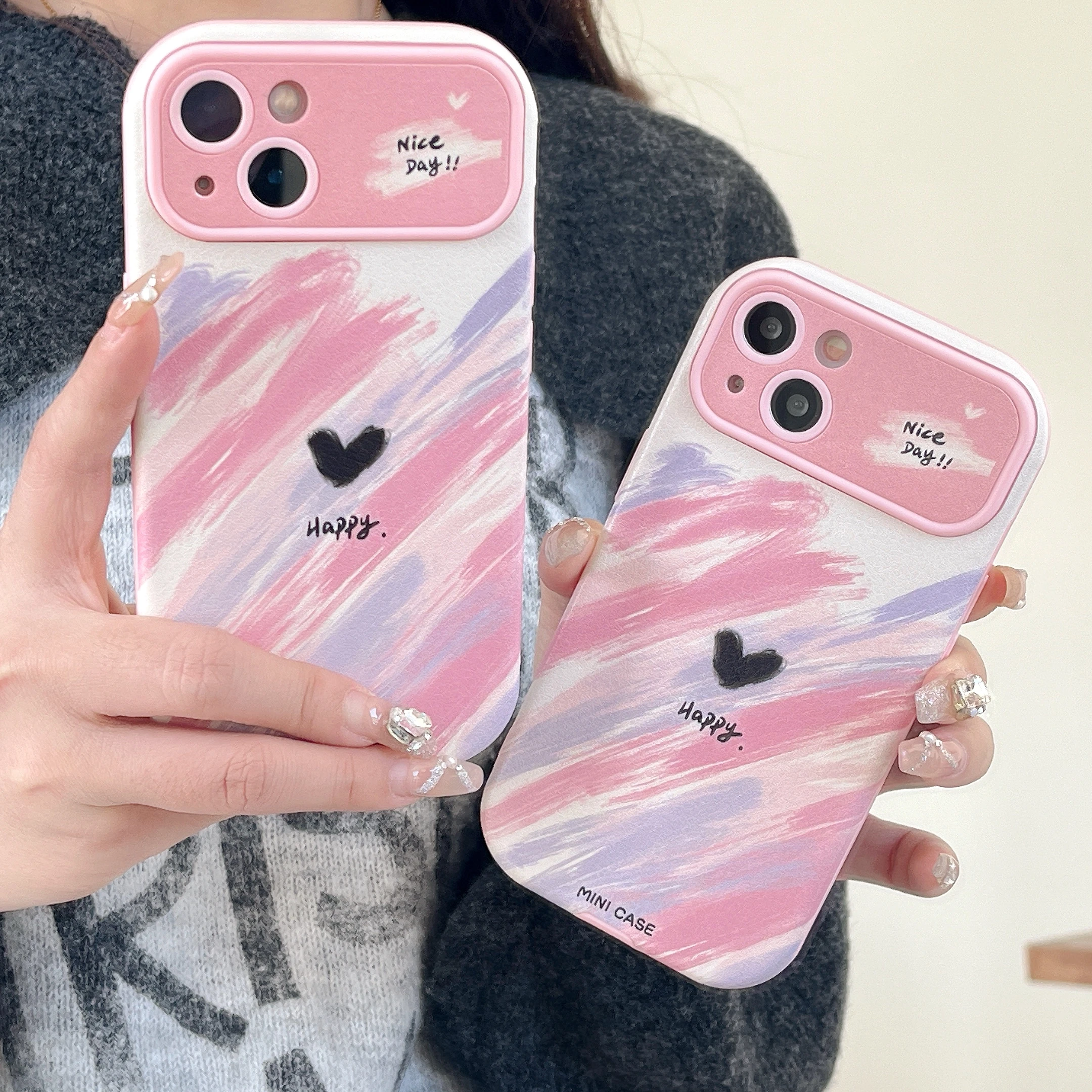 Pink Graffiti Love Window View Camera Protection PU Leather Skin Shockproof Phone Case For IPhone 11 12 13 14 15 Pro Max Cover