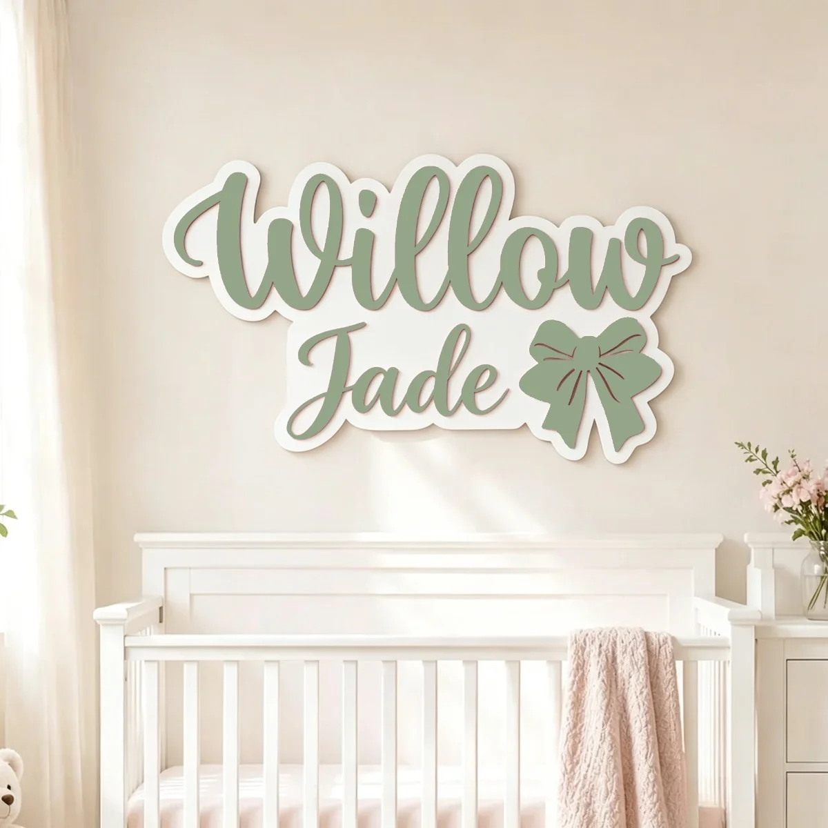 Personalized Double‑Name Wooden Baby Bow Name Plaque,Script Cursive Nursery Wall Hanging Decor,Girl Baby Shower Keepsake Gift