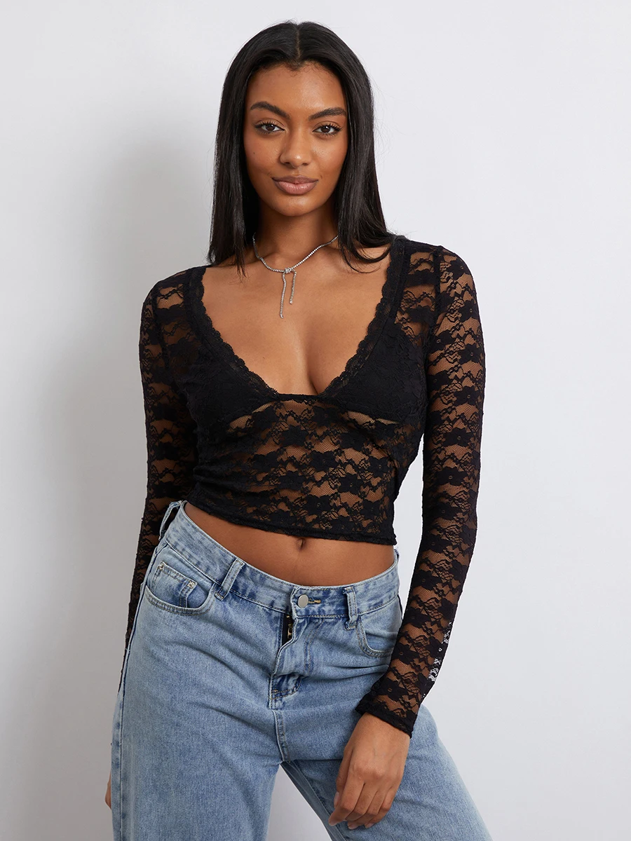 wsevypo Black Sheer Lace Floral Short T-shirt Women's See-Through Crop Tops 2023 Fall New Long Sleeve V Neck Skinny Pullovers