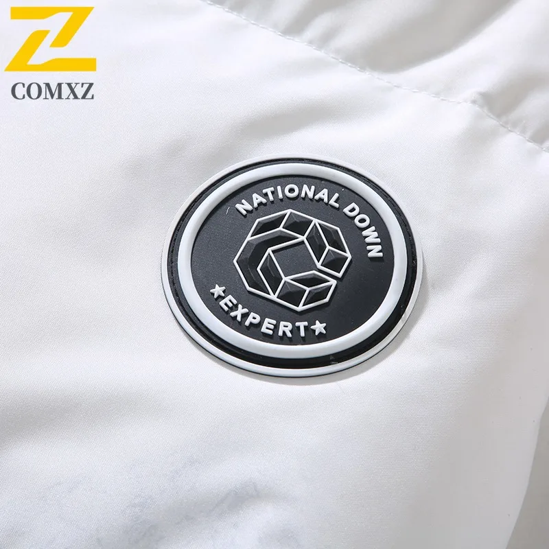 COMXZ 2025 Winter Couple Mountain Print Short Down Jacket Men's Loose Fit Korean Style Trendy Warm White Duck Feather Coat