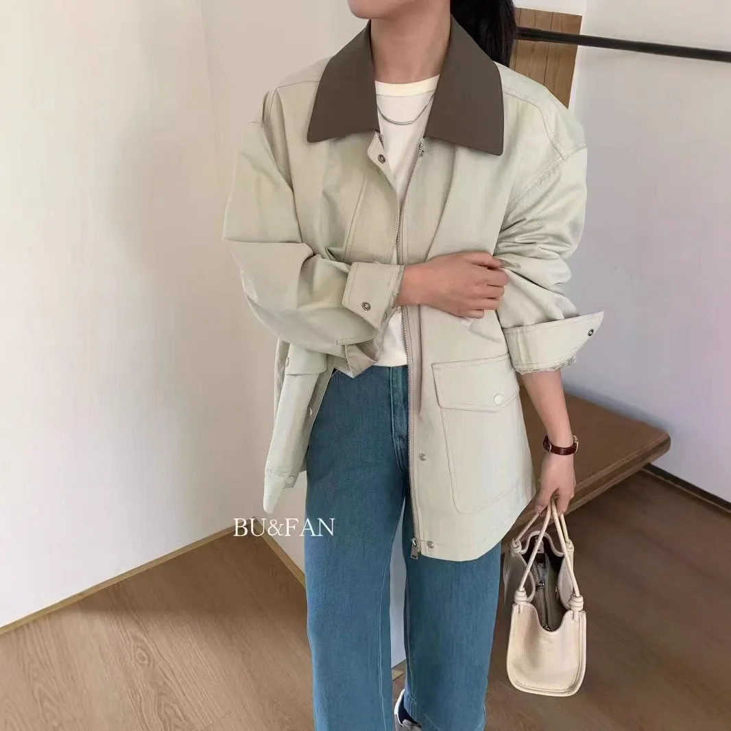 KIDCRKJ Damen-Demi-Season-Jacke mit Reißverschluss, Baumwolle, Oversize, klassischer Reverskragen, Vintage 2026 Frühlingsjacken für Damen