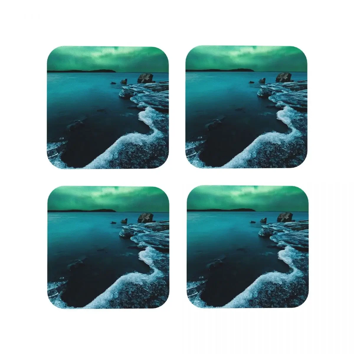 Ice On The Lake Shore And Northern Lights Landscap Coasters Kitchen Placemats Cup Coffee Mats For Home Tableware Pads Set of 4