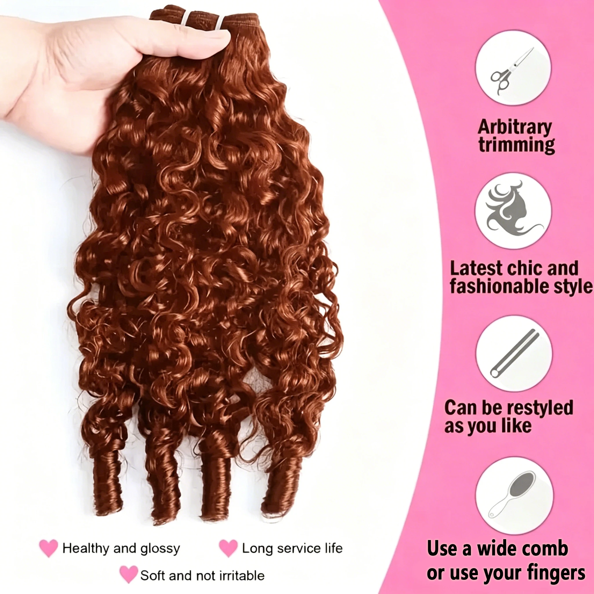 Bling Hair #33 Reddish Brown Color Burmese Curly Feather Crochet Human Hair Extensions 50g Pre-Separated Invisible Miracle Knots Feather Crochet Human Hair Extensions For Women