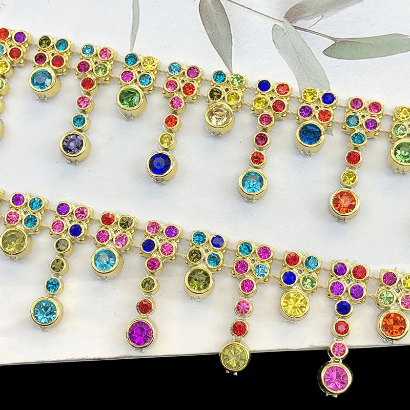 8 Yards 2.3cm Wide Colorful Crystal Rhinestone Fringe Tassel Chain Lace For Gown Hair Ornament Handmade Jewelry Making Material