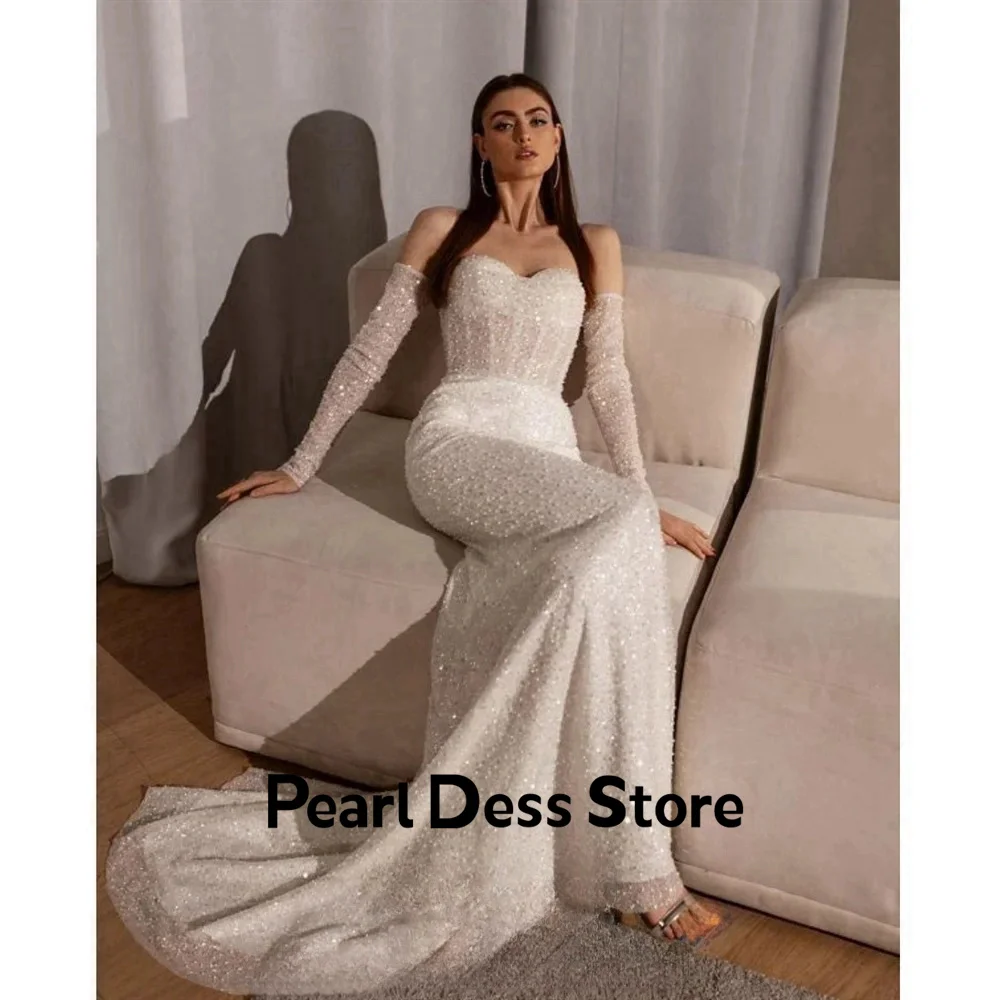 Pearl Fish Tail Evening Gown Shiny Off the Shoulders Elegant Party Dresses 2024 for Wedding Guest Dress Women Ivory White Prom