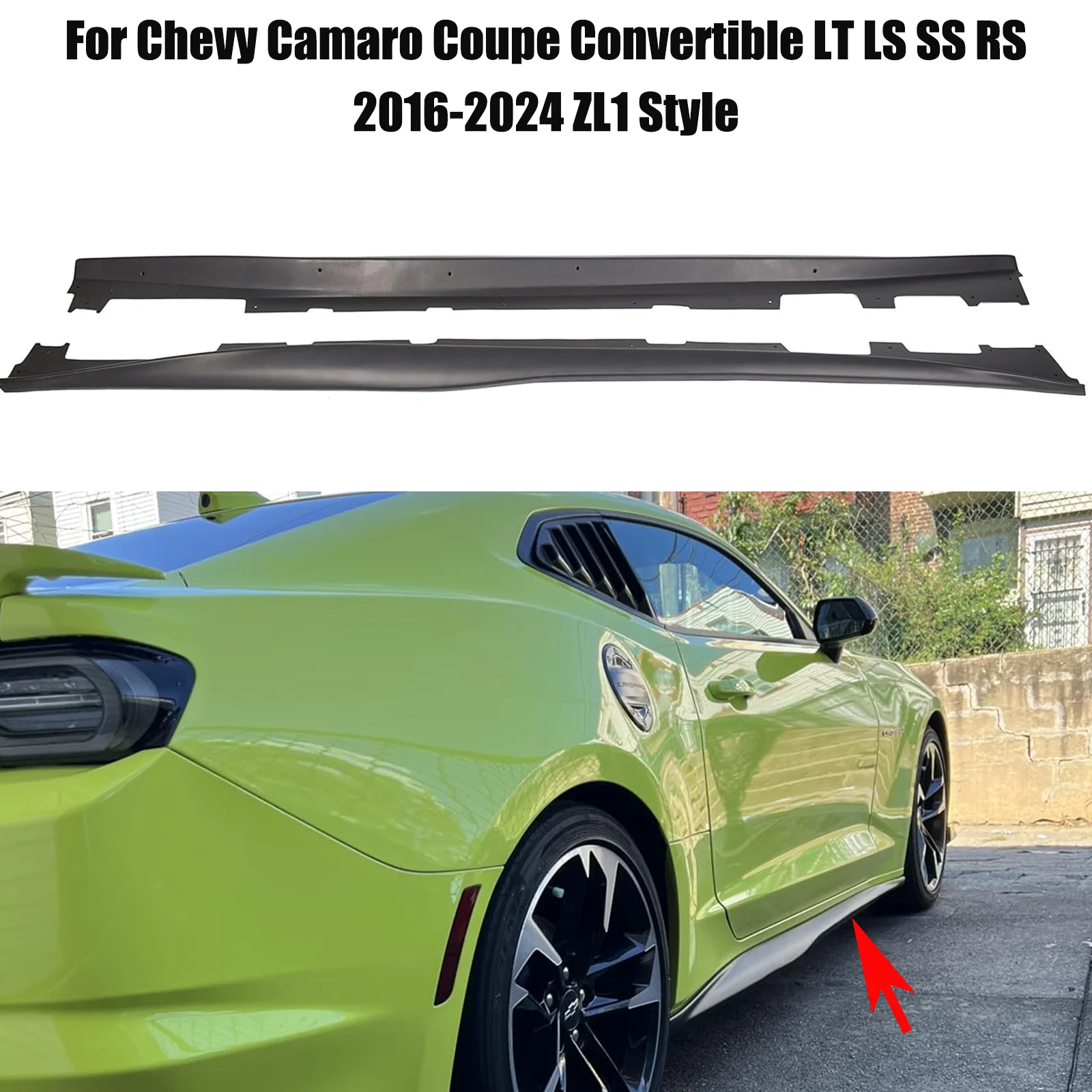 Faldones laterales estilo ZL1 para Chevy Camaro Coupé Convertible LT LS SS RS 2016-2024, paneles de balancín, alerón, aspecto de carbono negro brillante
