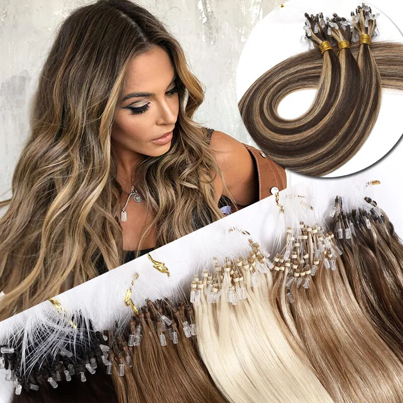 

100% Human Hair Straight Micro Loop Ring Extensions Hair Weft Pre-looped Tips With Silicone Tubes Available In 1B/2/4/6/8/613