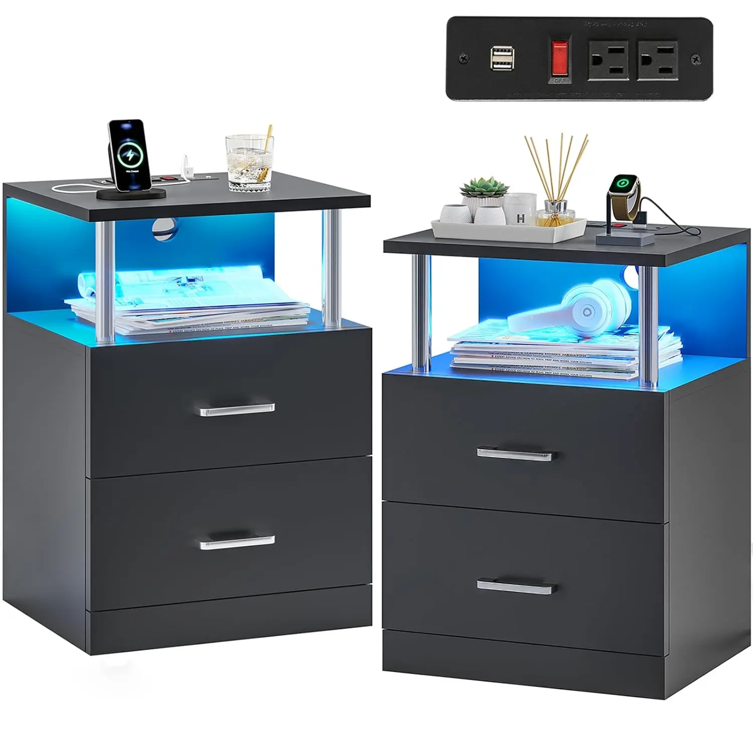 Black Nightstand Set of 2 with Charging Station & USB Ports, LED Night Stand with 2 Drawers,  Office, Customized