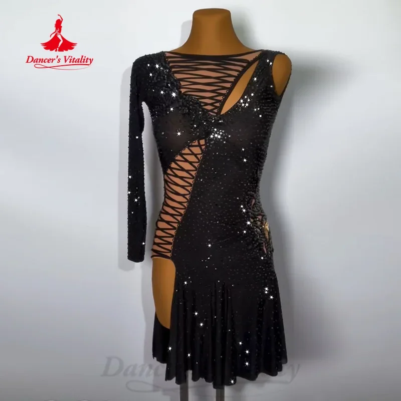 

Latin Dancing Outfit Adult Children Customized Black Sexy Backless Dress Tango Chacha Samba Professional Performance Costumes